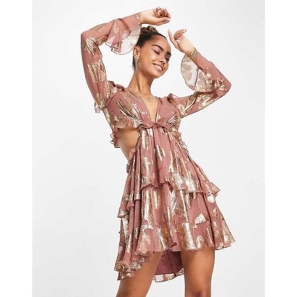 ASOS DESIGN tiered ruffle floral jaquard mini dress ruffle cutout skirt metallic